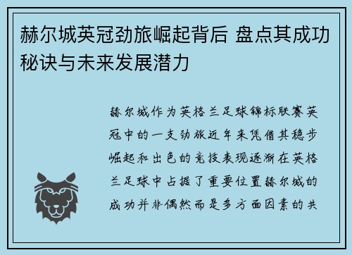 赫尔城英冠劲旅崛起背后 盘点其成功秘诀与未来发展潜力 赫尔城英冠劲旅崛起背后 盘点其成功秘诀与未来发展潜力